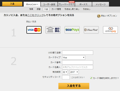 クレジットカード入金画面1