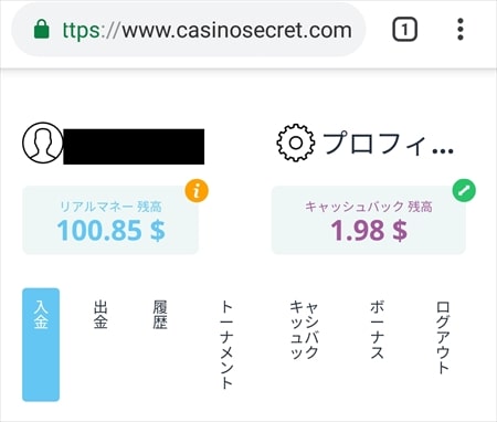 カジノシークレットに100ドル入金