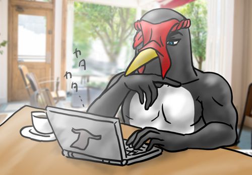 ペンギンさんが喫茶店でノートPCをカタカタしてる