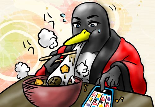 雑煮を食べながらスマホでオンカジをしているペンギンさん