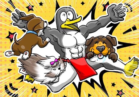 犬どもに噛まれまくっているペンギン