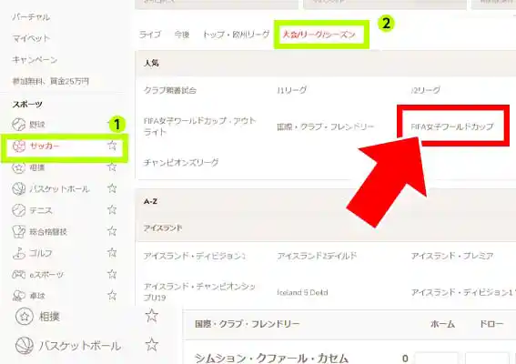 『大会/リーグ/シーズン』の項目の中にある『FIFA女子ワールドカップ』をクリックしてください。