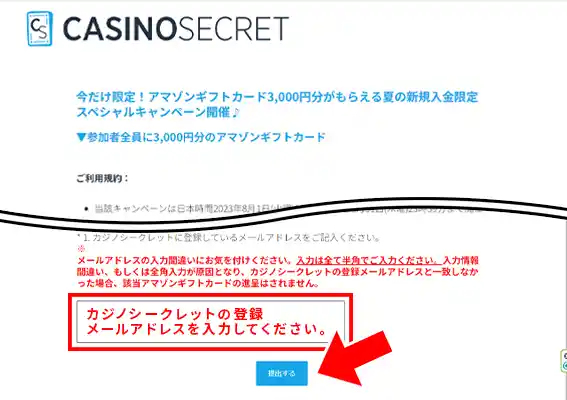 カジノシークレットの登録メールアドレスを入力後『提出』ボタンを押してください。