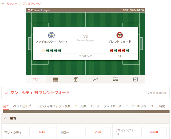 マンチェスター・シティvsブレントフォード