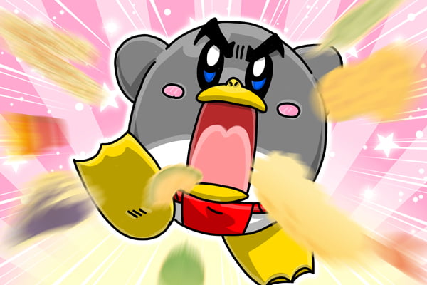 天ぷらを吸い込んでいるペンギン