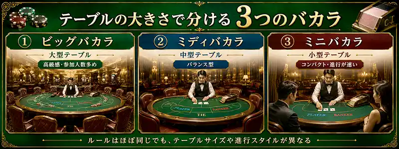 テーブルの大きさで分けるビッグ・ミディ・ミニバカラ