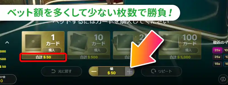 一攫千金を狙うなら：少数のビンゴカードを賭け金を増やして購入する