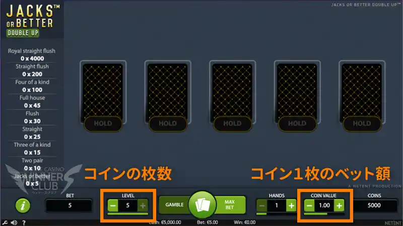 賭け金を決めてゲームを始める