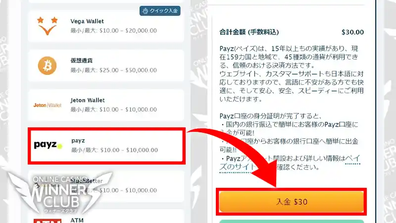 payzを選択し、入金額を入力