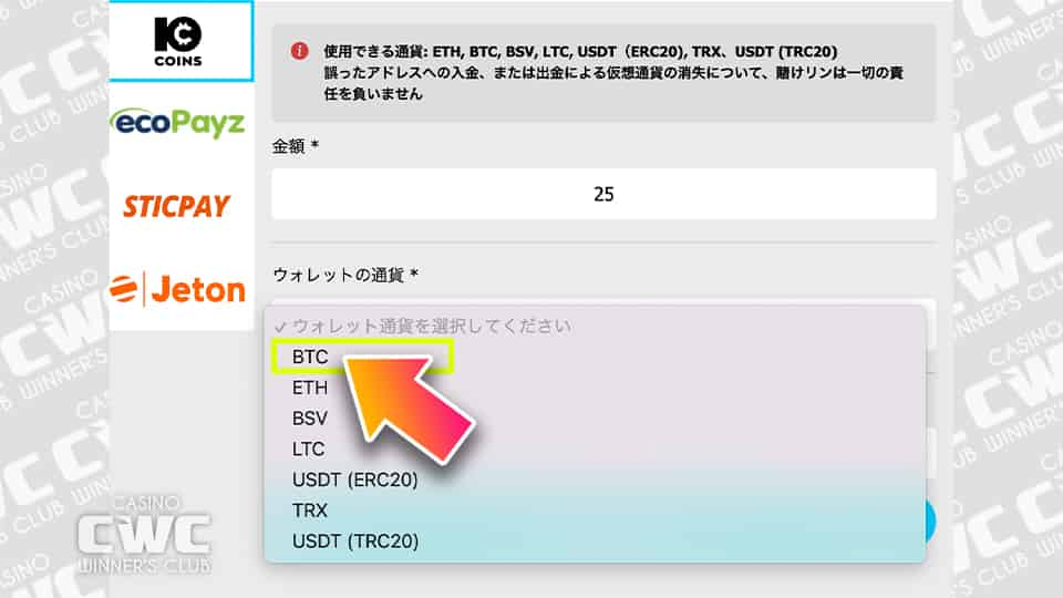 出金額、利用する通貨、ウォレットアドレスを入力