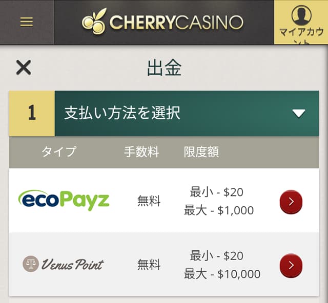 チェリーカジノの出金画面2