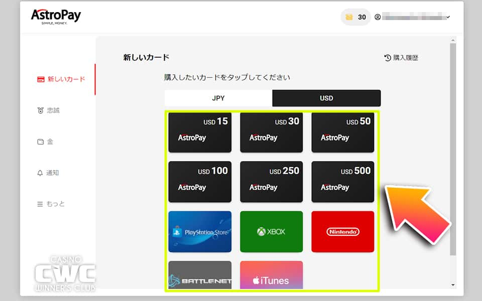 JPY（日本円）・USD（アメリカドル）のいずれかから購入したいカードを選択する