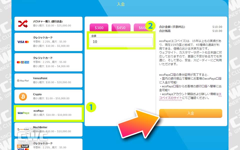 カジノのキャッシャー画面を表示し、入金方法で『ecoPayz』を選択
