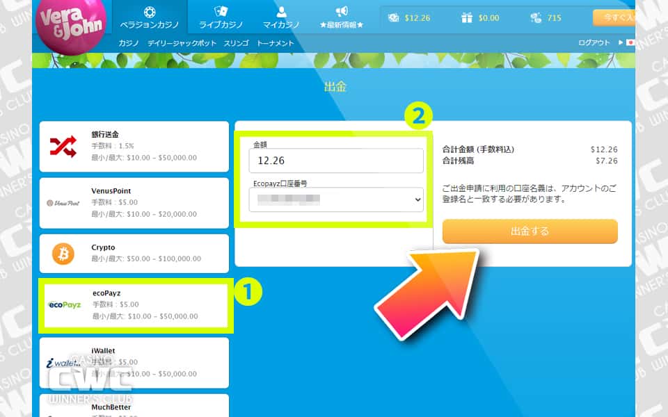 カジノのキャッシャー画面を表示し、入金方法で『ecoPayz』を選択