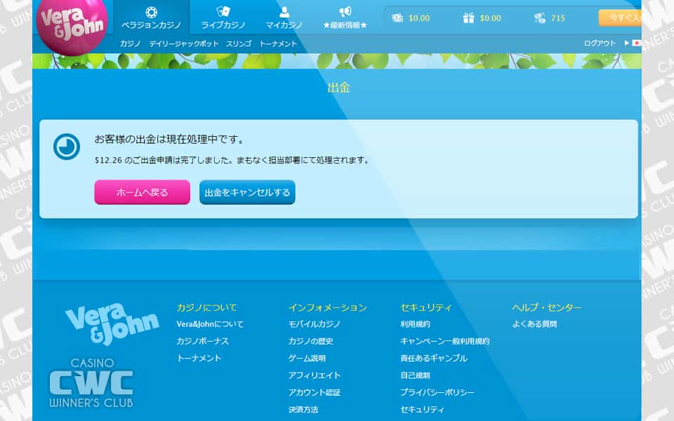 出金処理中の画面が表示されれば出金申請が完了