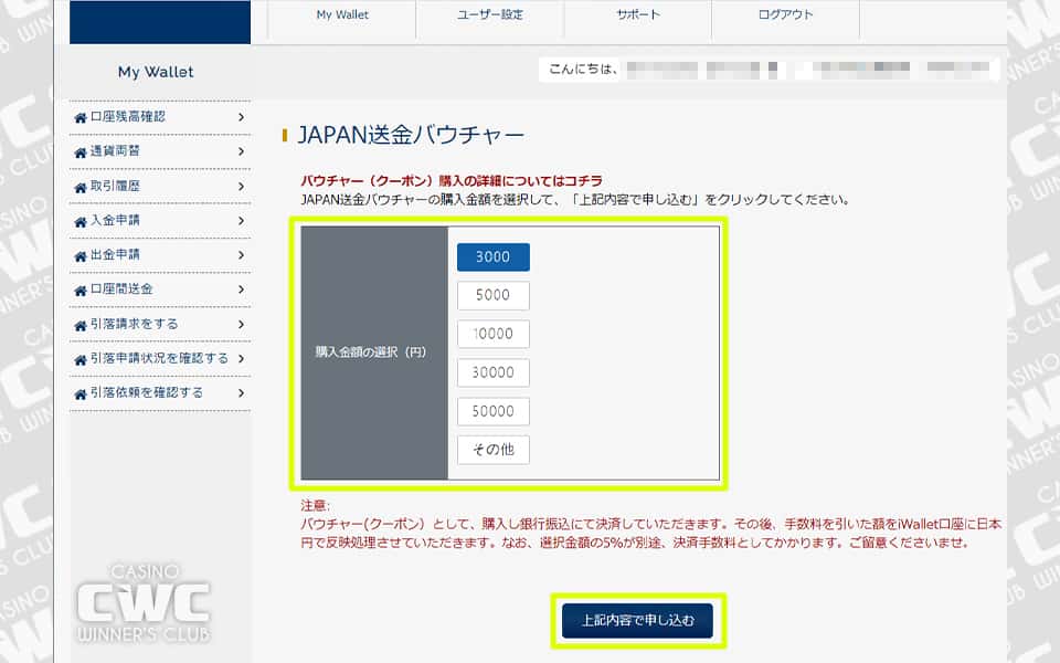 バウチャーの購入金額をボタンから選択するか、「その他」から入金額を直接入力し、上記内容で申し込むをクリック