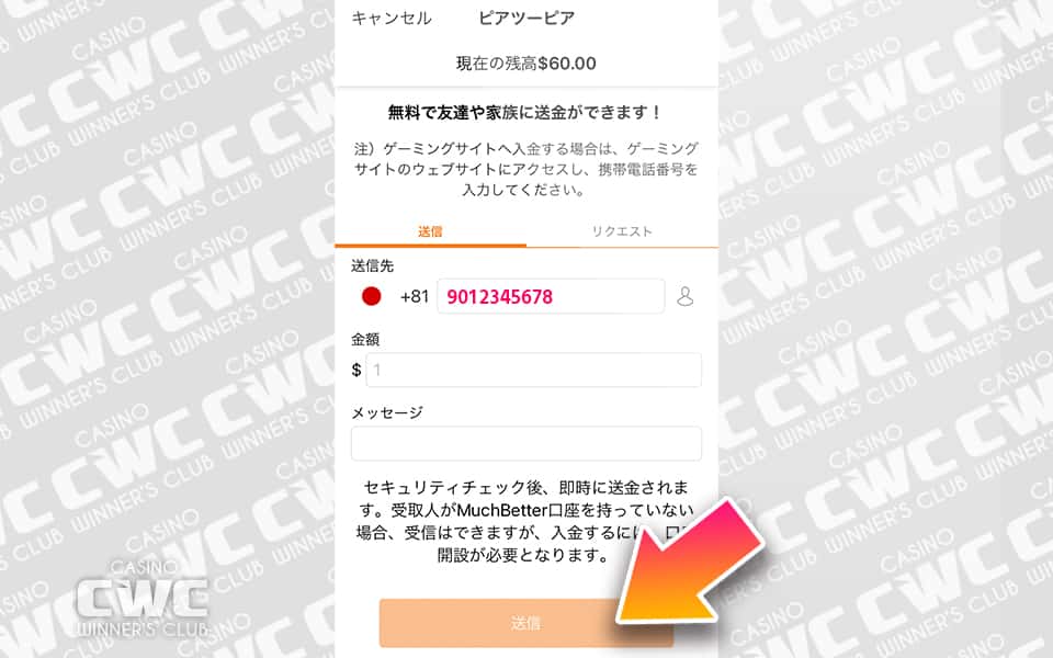 送金先の電話番号を入力し、送金先の番号・金額を入力し送金する