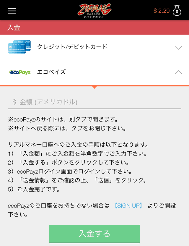 エコペイズの入金画面