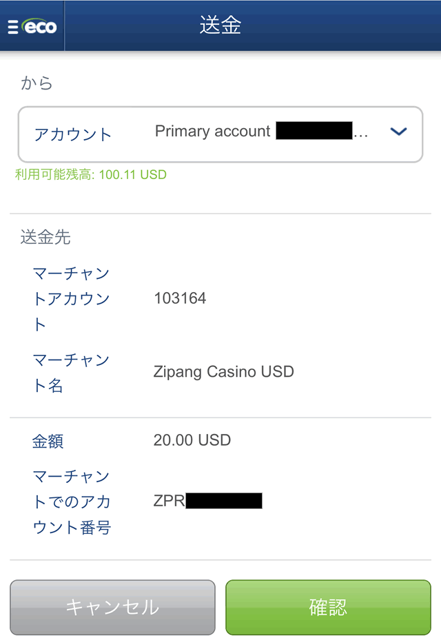 エコペイズからの入金情報確認画面